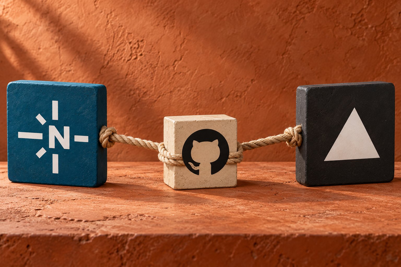 Three blocks on a terracotta shelf: the GitHub logo in the middle, tied with rope to the Netlify logo on one side and the Vercel logo on the other