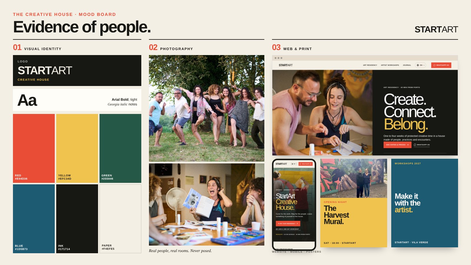 Mood board in three pillars: visual identity, photography, web and print