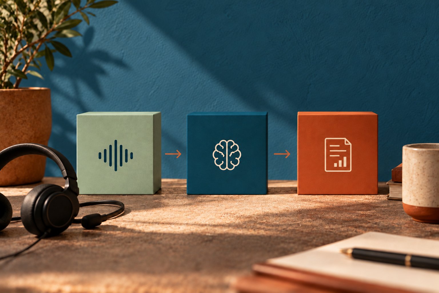 Three blocks on a desk, linked by arrows: a sound wave, a brain and a report